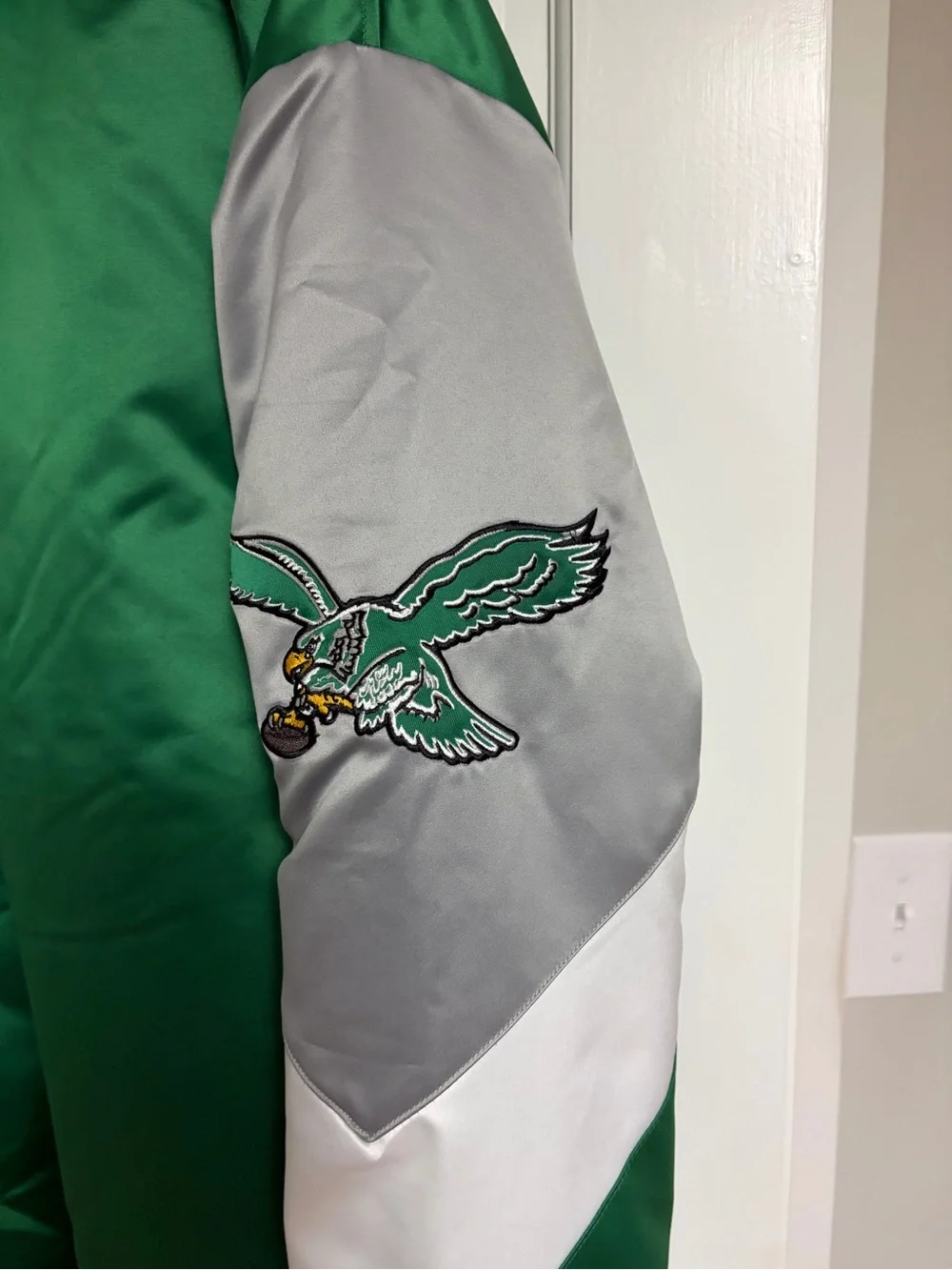 Mitchell and Ness Eagles Satin Bomber Jacket - Green/Gray/White New With Tags